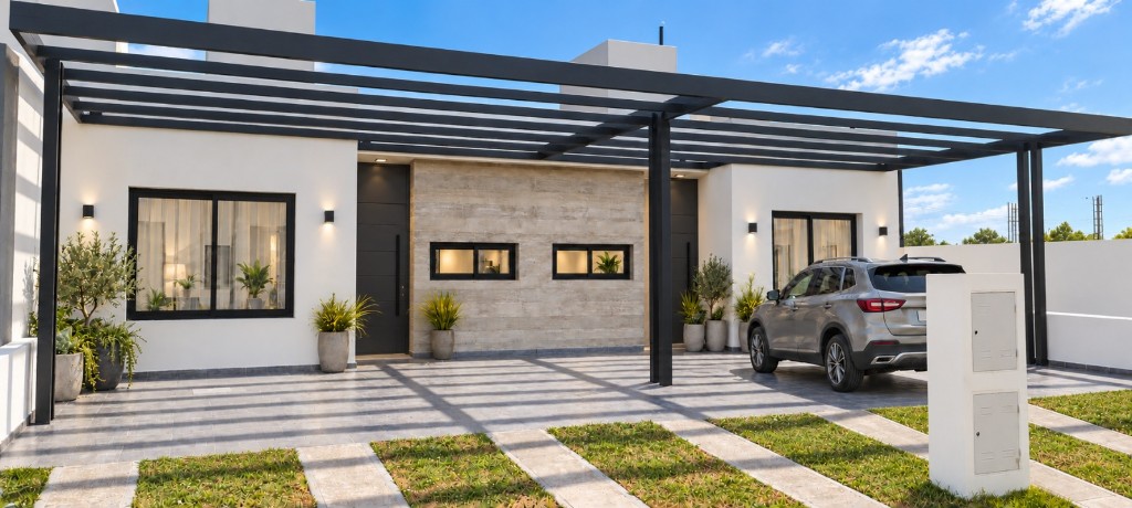 Vivienda con pérgola negra, fachada blanca y cochera