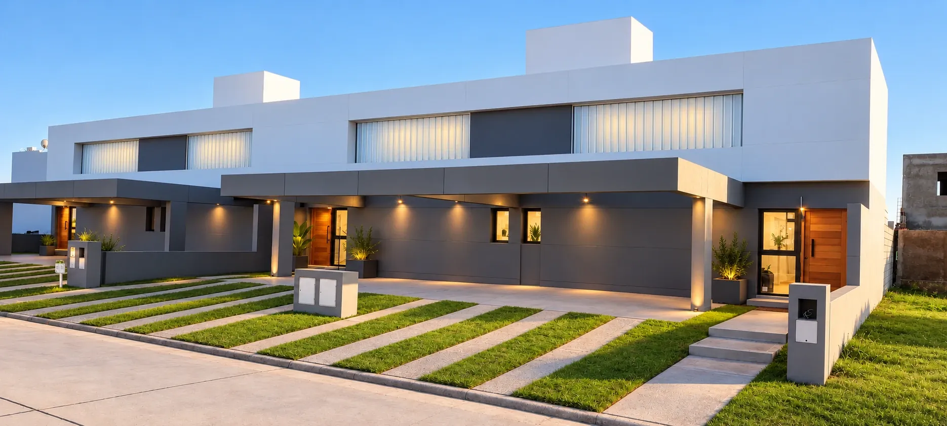 Conjunto de dúplex con fachadas blancas y grises, cocheras y jardines al atardecer
